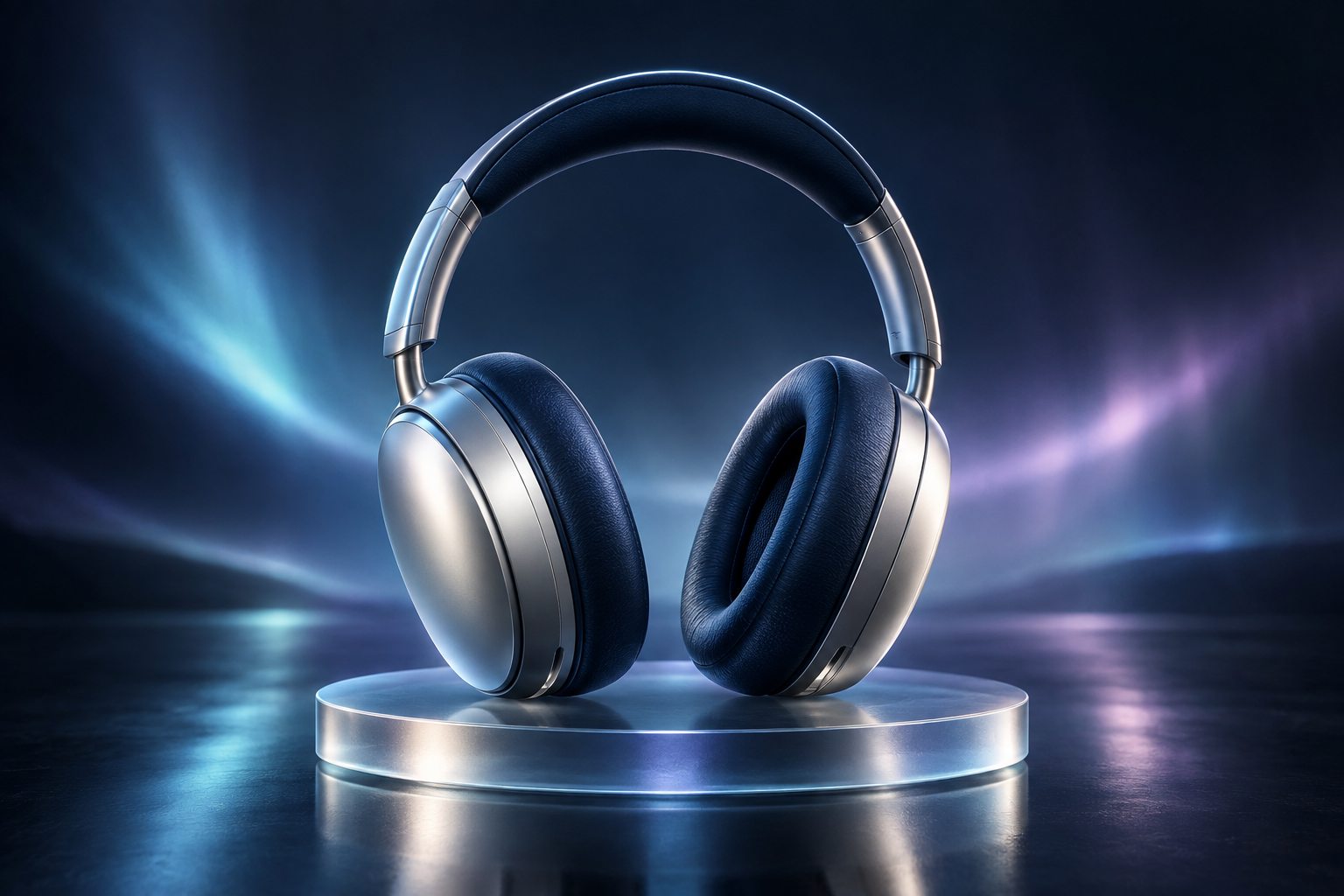 Generated silver headphones on a glass pedestal with cyan and violet studio lighting